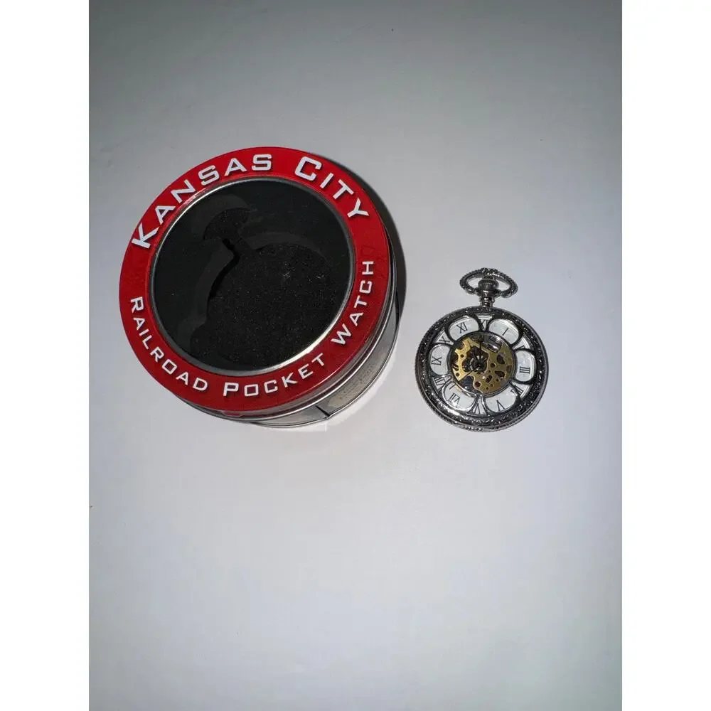 Kansas City Railroad Skeleton Pocket Watch‎ Silver Tone Roman Numeral With Tin